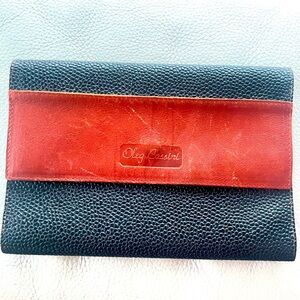 Oleg Cassini Black Cognac Pebbled Leather Trifold Wallet Women Men Fiocchi Italy